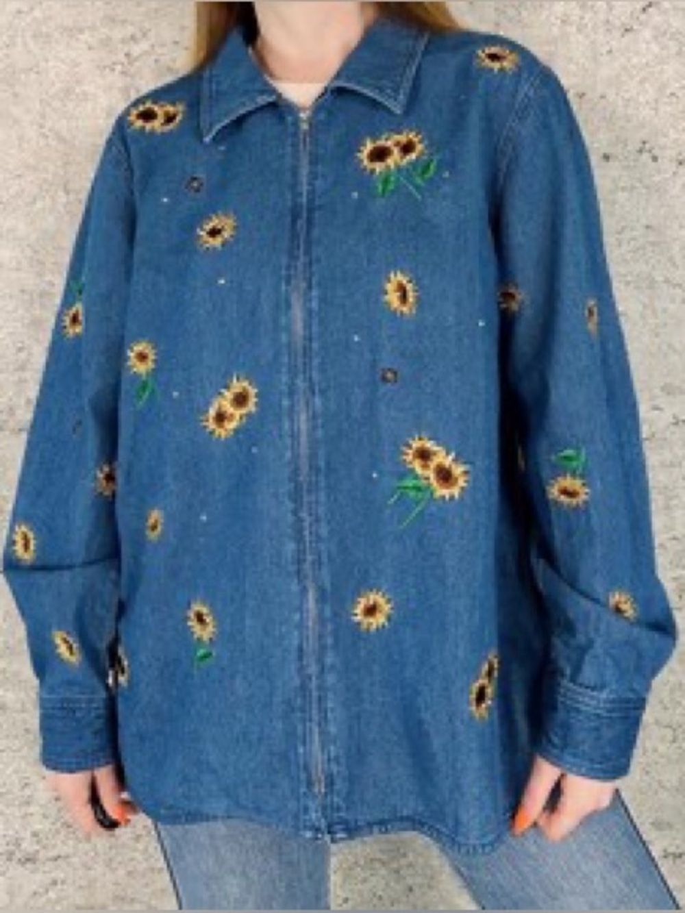 VINTAGE 90’s QUACKER FACTORY SUNFLOWER EMBROIDERED DENIM JACKET